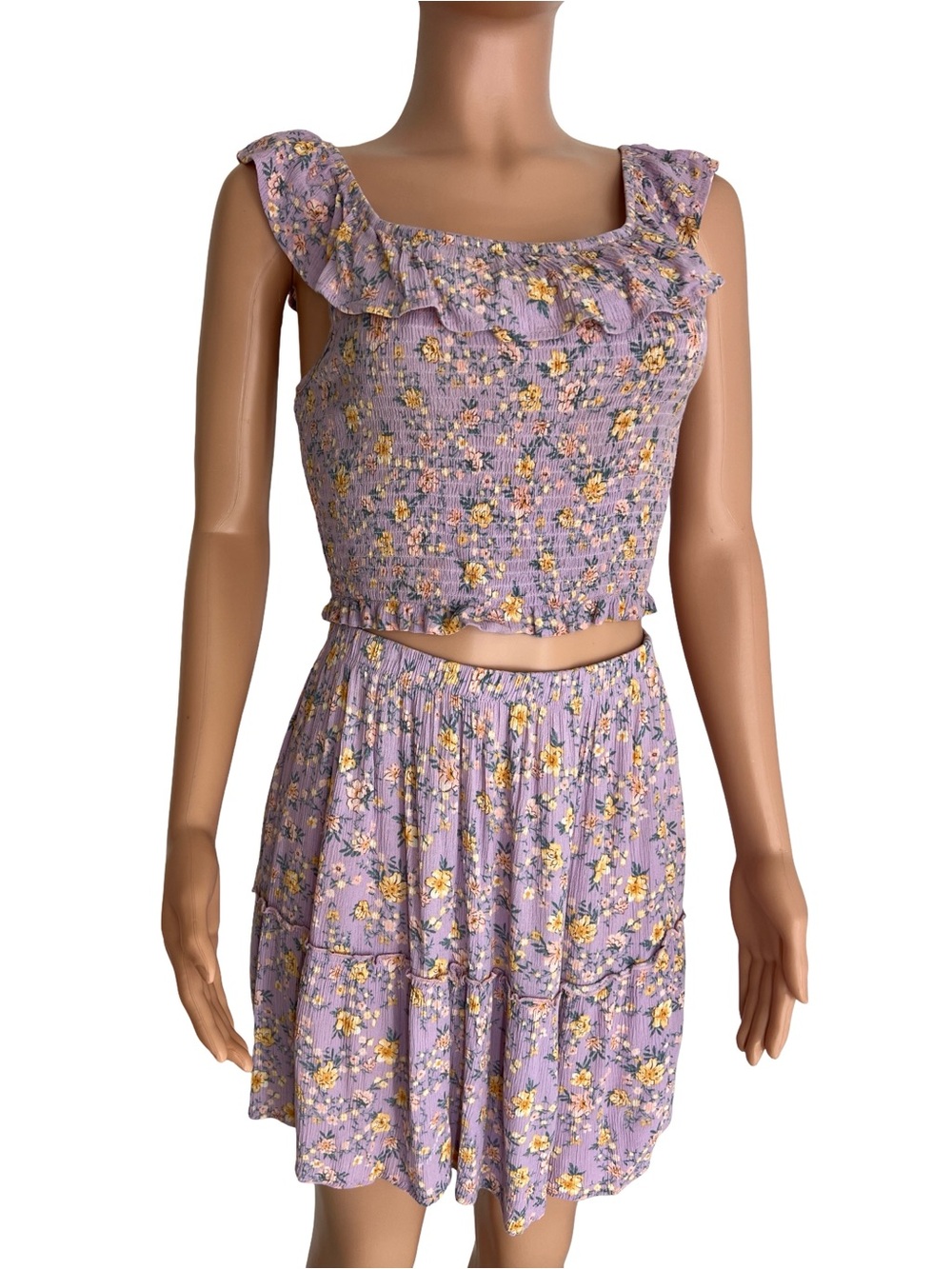 Hippie Rose- Lavender Purple Floral Smocked Mini Skirt two piece  Size Large